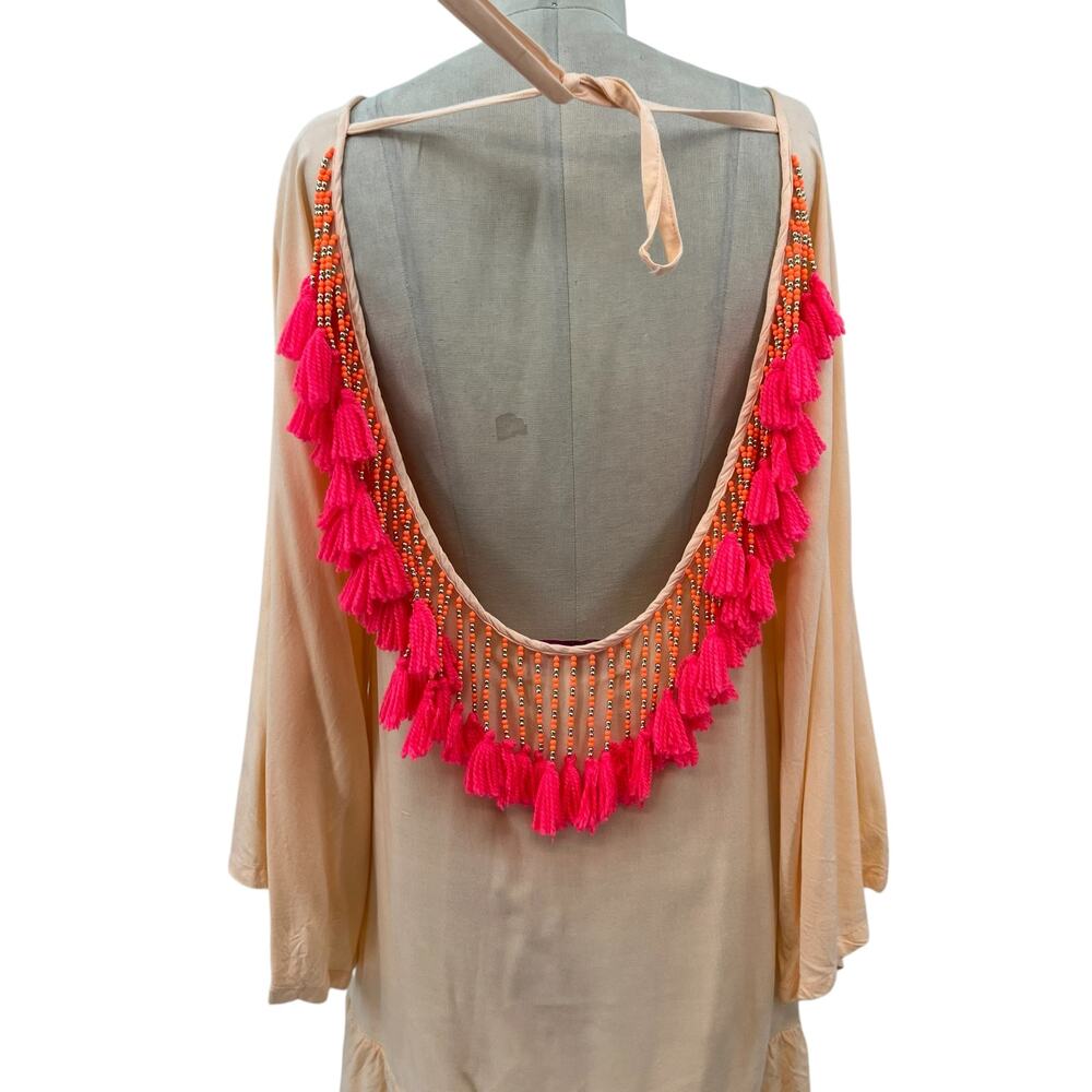 Sundress Indiana Dress Tunic Beach Tasseled Beaded Peach Neon‎ Pink Size XS - Picture 8 of 13